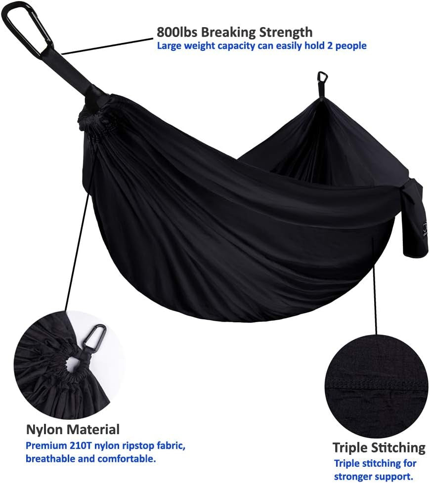 Camping Hammock - Portable Hammock Single Hammock Camping Accessories Gear for Outdoor Indoor Adult Kids, USA Based Brand (Black)